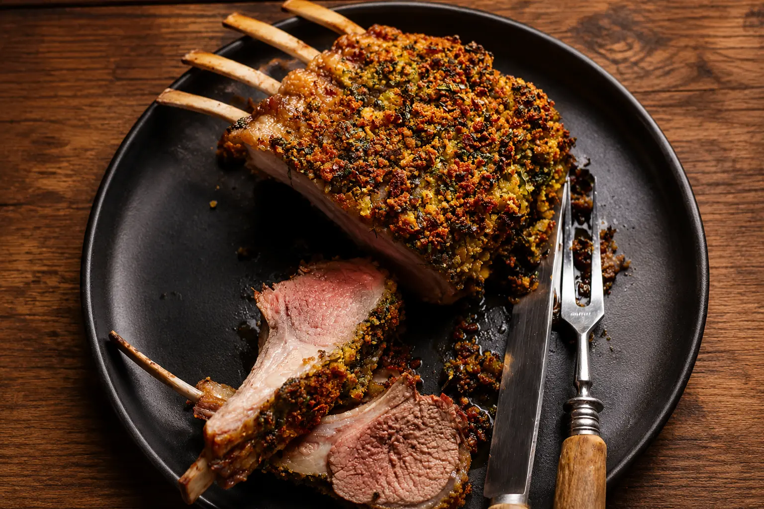Herb-crusted rack of Alberta lamb carved into cutlets in Calgary, AB